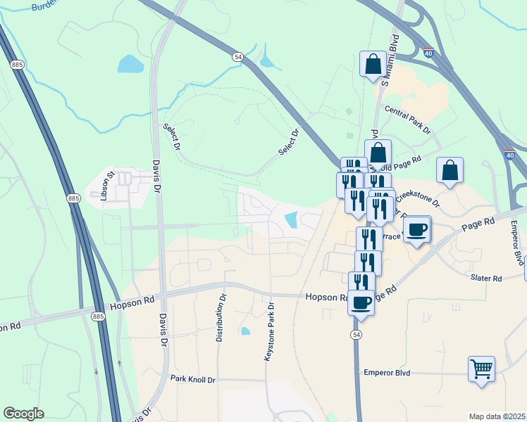 map of restaurants, bars, coffee shops, grocery stores, and more near 7 Rambler Lane in Morrisville