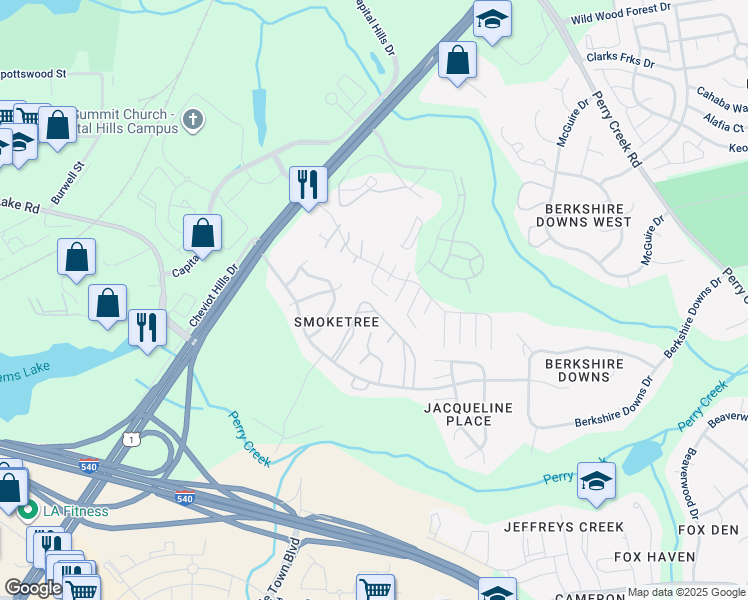 map of restaurants, bars, coffee shops, grocery stores, and more near 4641 Draper Road in Raleigh