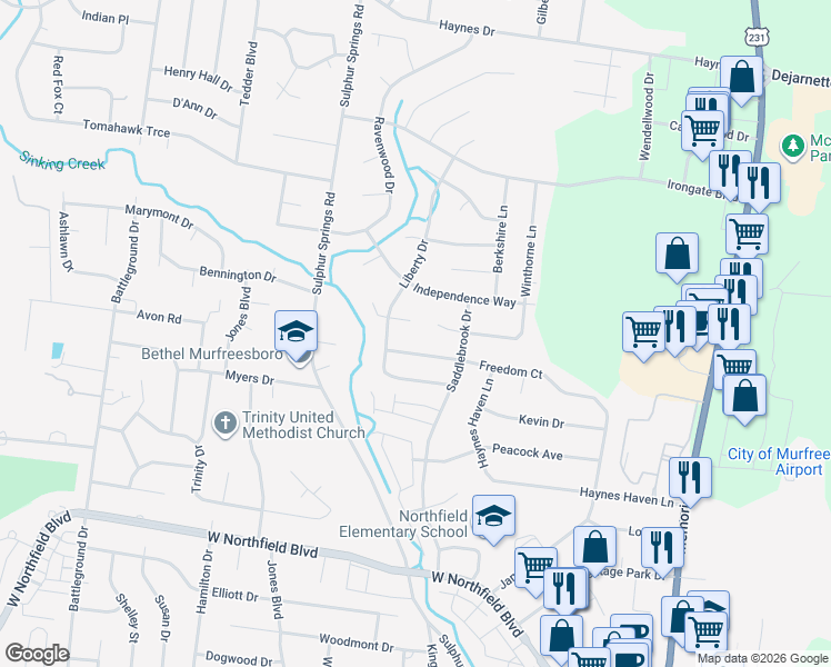 map of restaurants, bars, coffee shops, grocery stores, and more near 607 Concord Circle in Murfreesboro