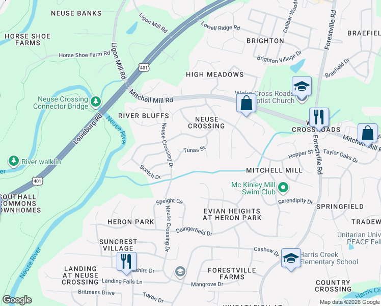 map of restaurants, bars, coffee shops, grocery stores, and more near 3528 Tunas Street in Raleigh
