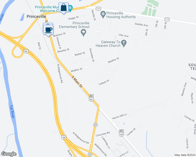 map of restaurants, bars, coffee shops, grocery stores, and more near 107 Bryson Lane in Princeville