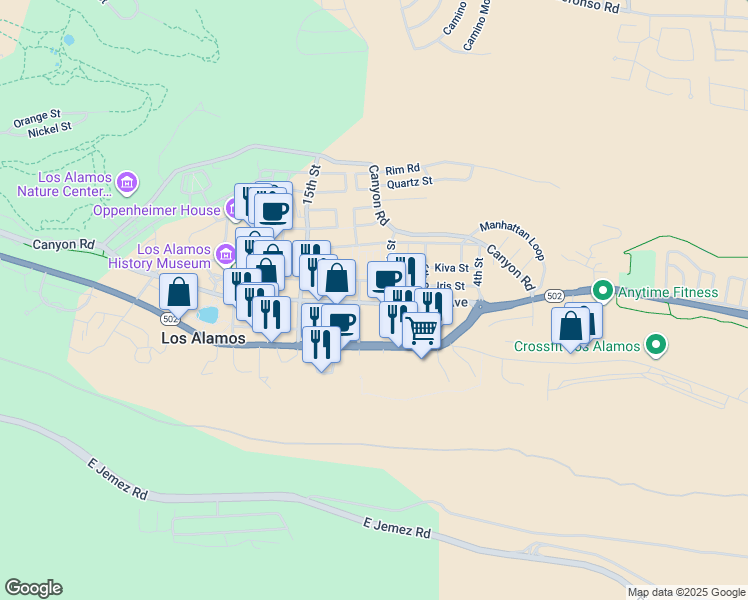 map of restaurants, bars, coffee shops, grocery stores, and more near 1000 Central Avenue in Los Alamos