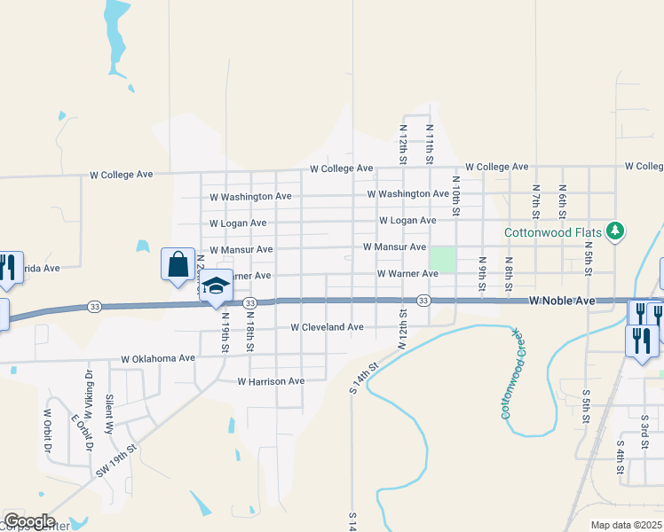 map of restaurants, bars, coffee shops, grocery stores, and more near 1524 West Warner Avenue in Guthrie