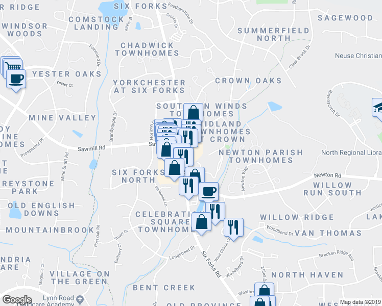 map of restaurants, bars, coffee shops, grocery stores, and more near 7400 Six Forks Road in Raleigh