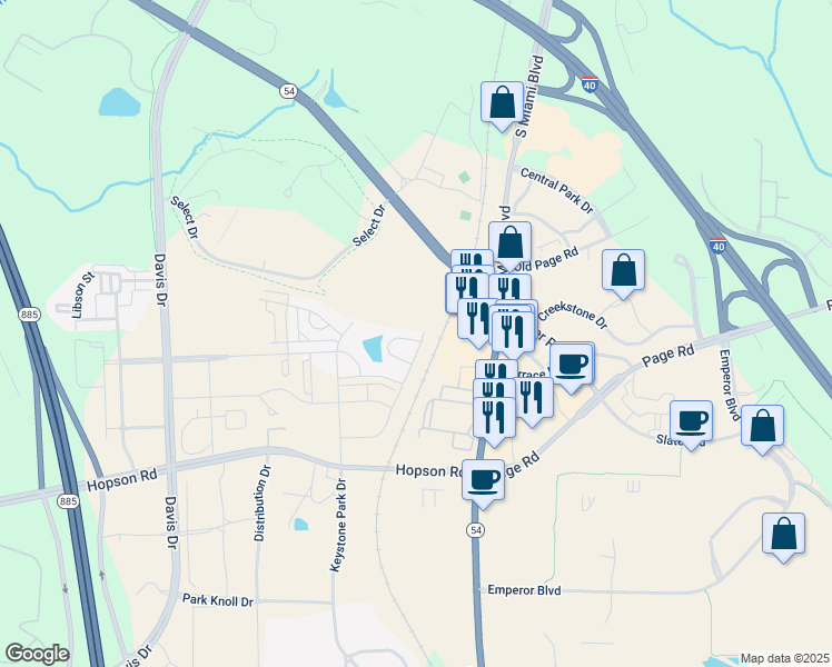 map of restaurants, bars, coffee shops, grocery stores, and more near 88 Whitesell Way in Durham