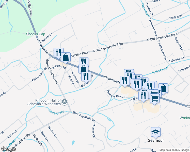 map of restaurants, bars, coffee shops, grocery stores, and more near 1 Chapman Highway in Seymour