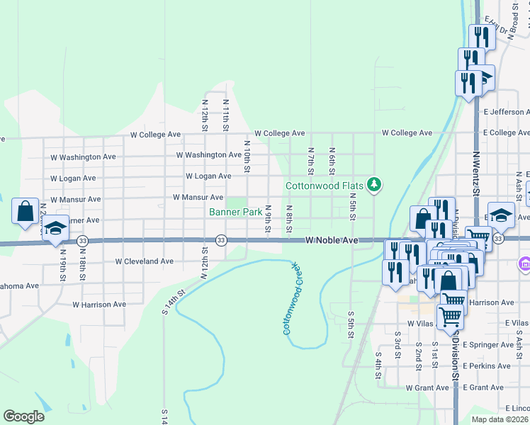 map of restaurants, bars, coffee shops, grocery stores, and more near 1004 West Warner Avenue in Guthrie