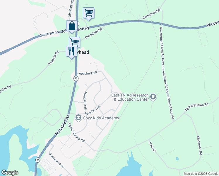 map of restaurants, bars, coffee shops, grocery stores, and more near 6132 Apache Trail in Knoxville
