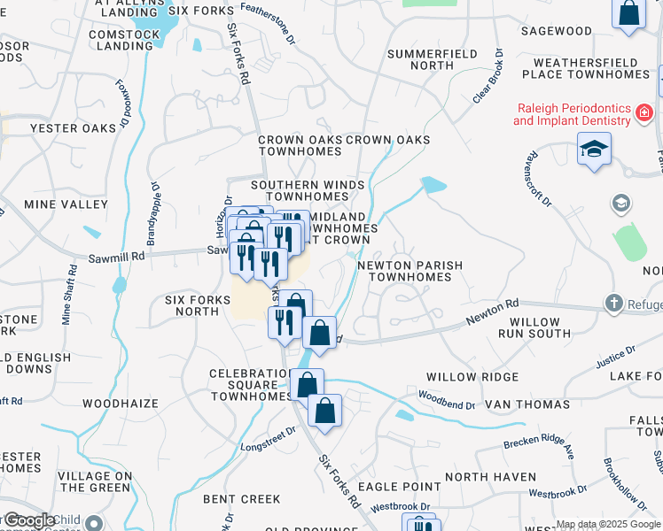 map of restaurants, bars, coffee shops, grocery stores, and more near 7251 Sandy Creek Drive in Raleigh