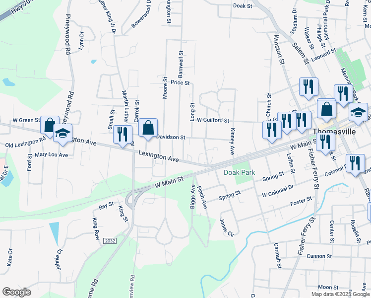 map of restaurants, bars, coffee shops, grocery stores, and more near 112 Miller Street in Thomasville