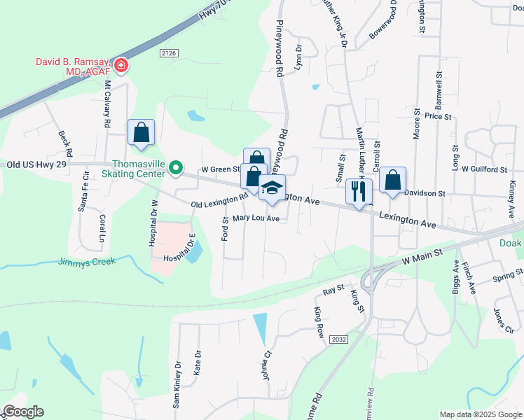 map of restaurants, bars, coffee shops, grocery stores, and more near 106 Pineywood Street in Thomasville