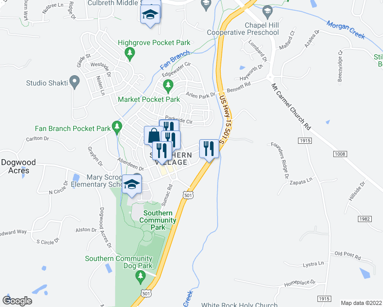 map of restaurants, bars, coffee shops, grocery stores, and more near 104 Melrose Place in Chapel Hill