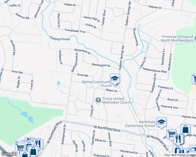 map of restaurants, bars, coffee shops, grocery stores, and more near 2425 Jones Boulevard in Murfreesboro