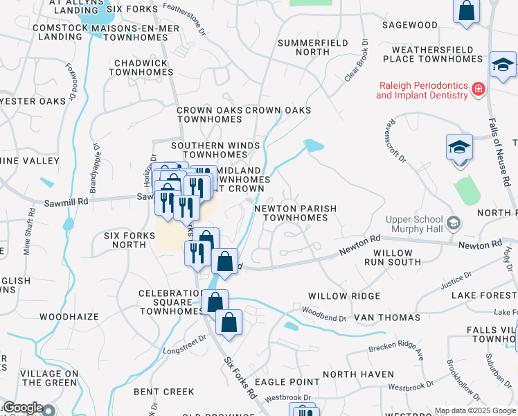 map of restaurants, bars, coffee shops, grocery stores, and more near 7325 Bryn Athyn Way in Raleigh