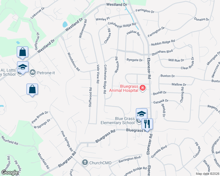 map of restaurants, bars, coffee shops, grocery stores, and more near 1401 Wenlock Road in Knoxville