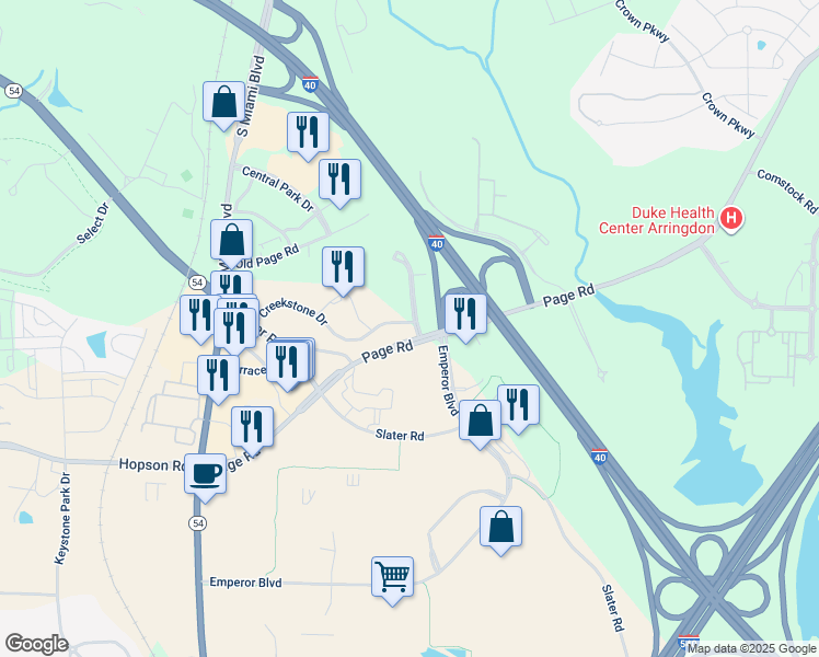 map of restaurants, bars, coffee shops, grocery stores, and more near 4896 Creekstone Drive in Durham