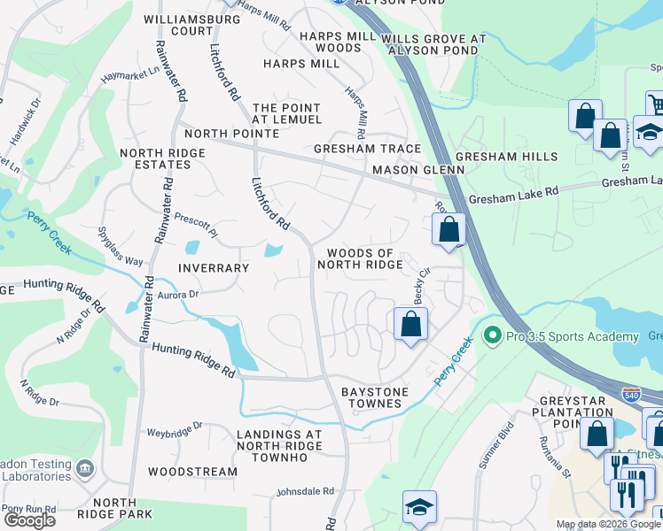 map of restaurants, bars, coffee shops, grocery stores, and more near 7320 Massachusetts Court in Raleigh
