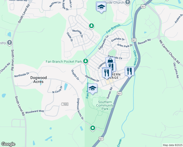 map of restaurants, bars, coffee shops, grocery stores, and more near 524 Aberdeen Drive in Chapel Hill