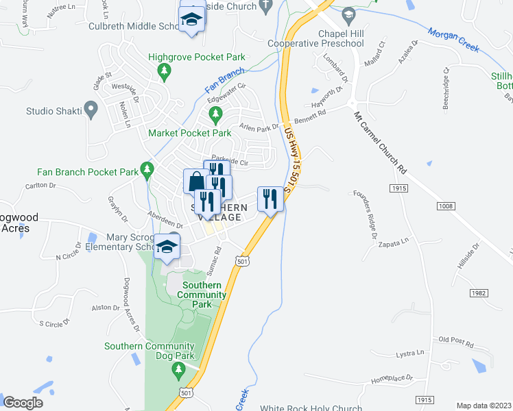 map of restaurants, bars, coffee shops, grocery stores, and more near 106 Melrose Place in Chapel Hill