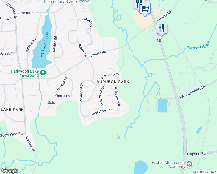 map of restaurants, bars, coffee shops, grocery stores, and more near 8 Clubstone Court in Durham