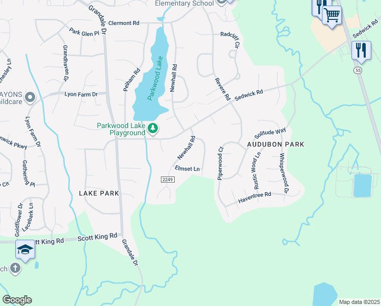map of restaurants, bars, coffee shops, grocery stores, and more near 5811 Newhall Road in Durham