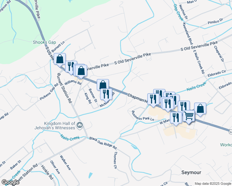 map of restaurants, bars, coffee shops, grocery stores, and more near 1 Chapman Highway in Seymour