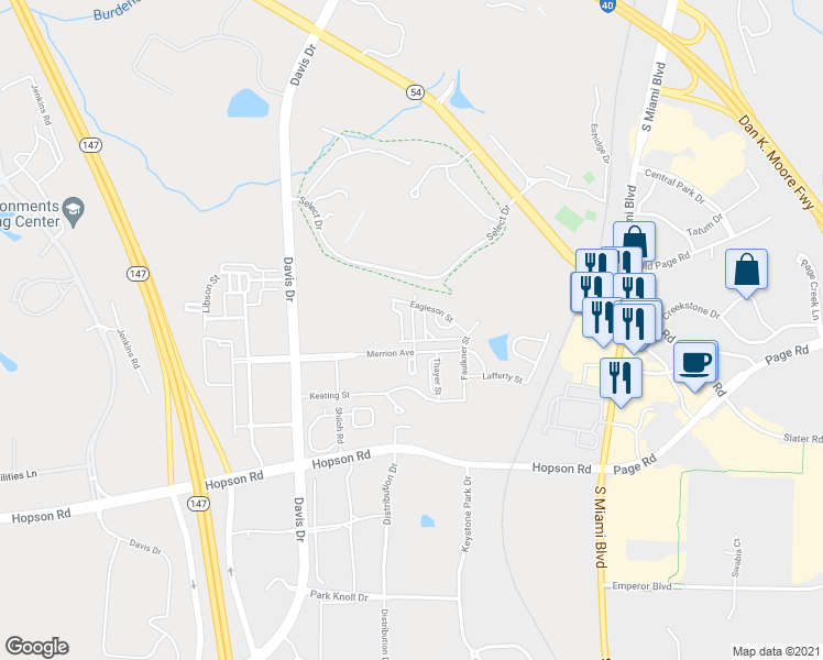 map of restaurants, bars, coffee shops, grocery stores, and more near 5428 Talley Street in Morrisville