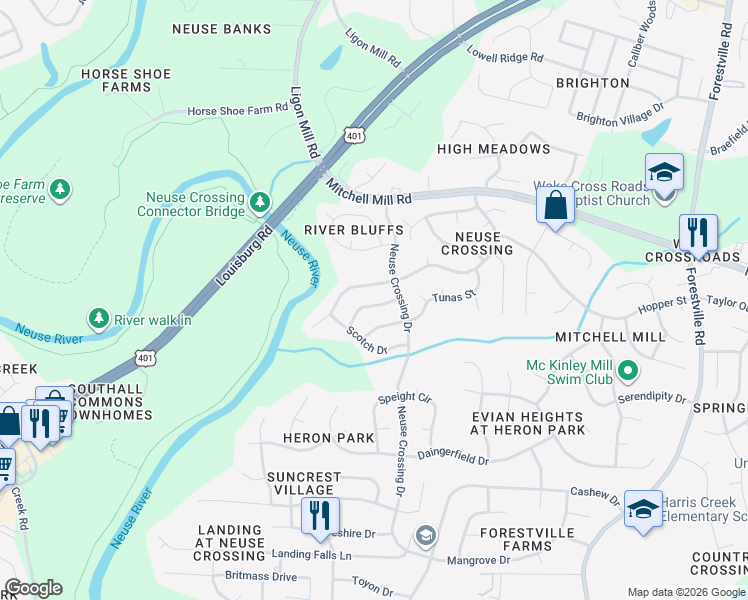 map of restaurants, bars, coffee shops, grocery stores, and more near 3425 Red Bay Drive in Raleigh