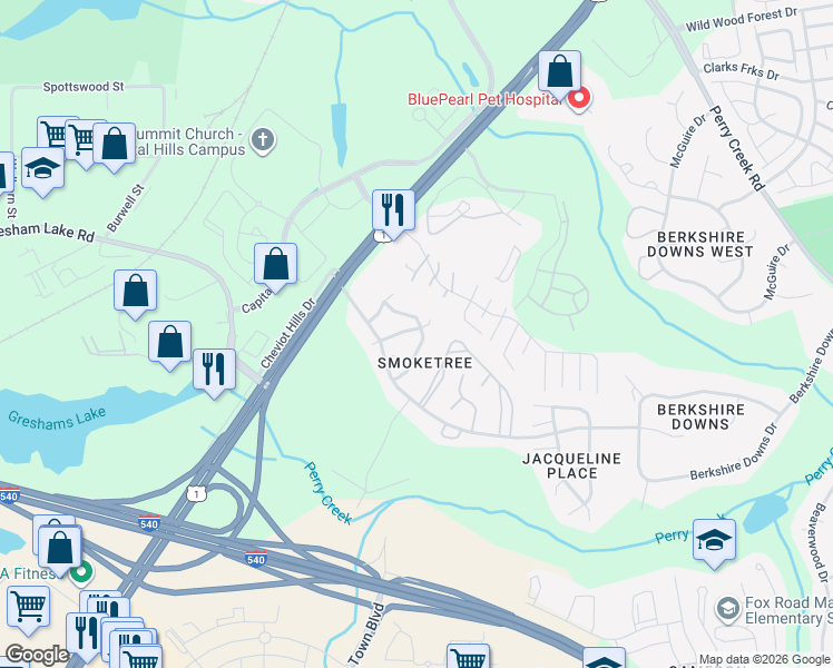 map of restaurants, bars, coffee shops, grocery stores, and more near 7324 North Thorncliff Place in Raleigh