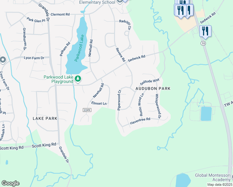 map of restaurants, bars, coffee shops, grocery stores, and more near 1512 Piperwood Court in Durham