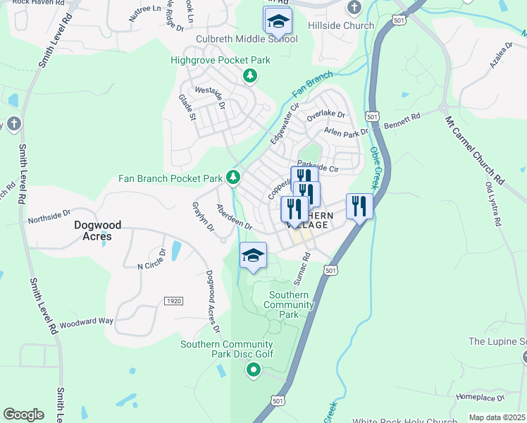 map of restaurants, bars, coffee shops, grocery stores, and more near 600 Copperline Drive in Chapel Hill