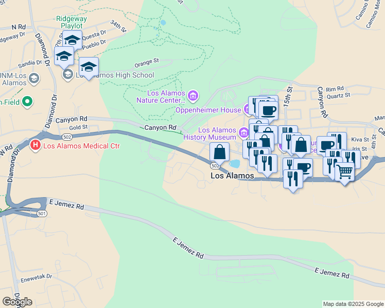 map of restaurants, bars, coffee shops, grocery stores, and more near in Los Alamos