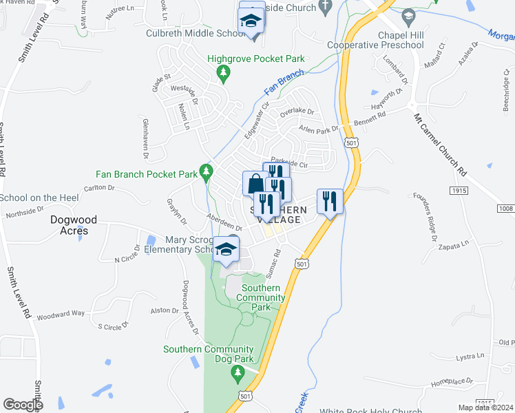 map of restaurants, bars, coffee shops, grocery stores, and more near 610 Market Street in Chapel Hill