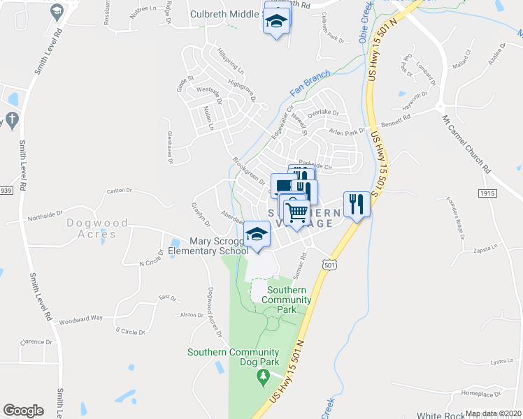 map of restaurants, bars, coffee shops, grocery stores, and more near 600 Copperline Drive in Chapel Hill