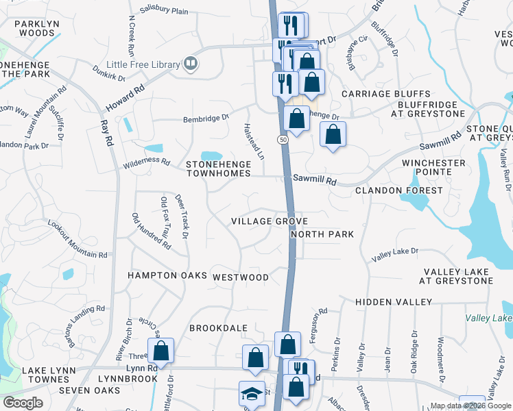 map of restaurants, bars, coffee shops, grocery stores, and more near 2428 Village Grove Road in Raleigh