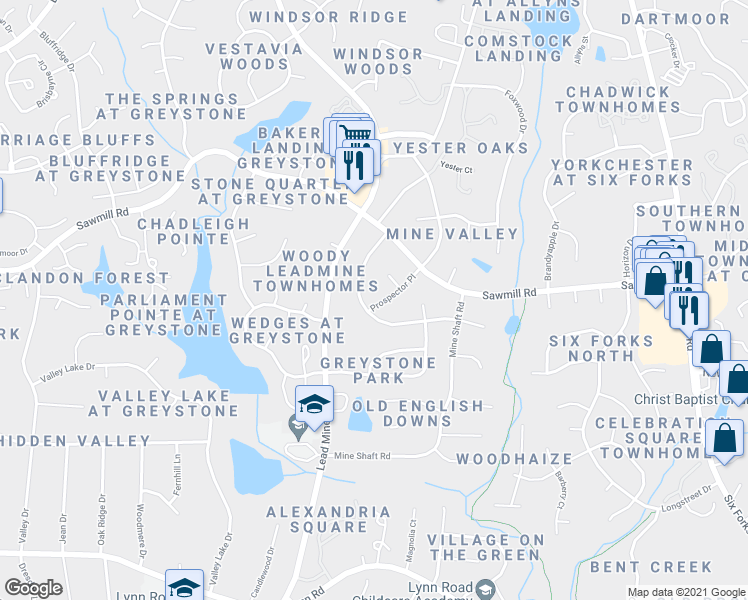 map of restaurants, bars, coffee shops, grocery stores, and more near 7605 Prospector Place in Raleigh
