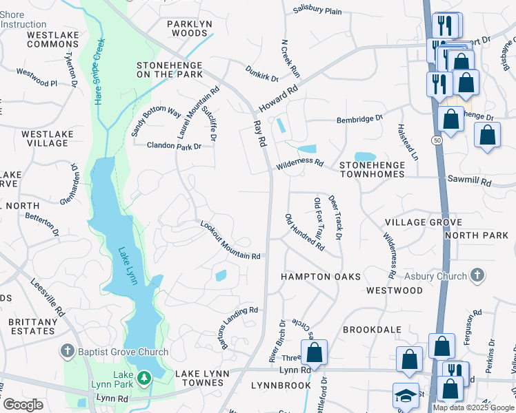 map of restaurants, bars, coffee shops, grocery stores, and more near 7501 Ray Road in Raleigh