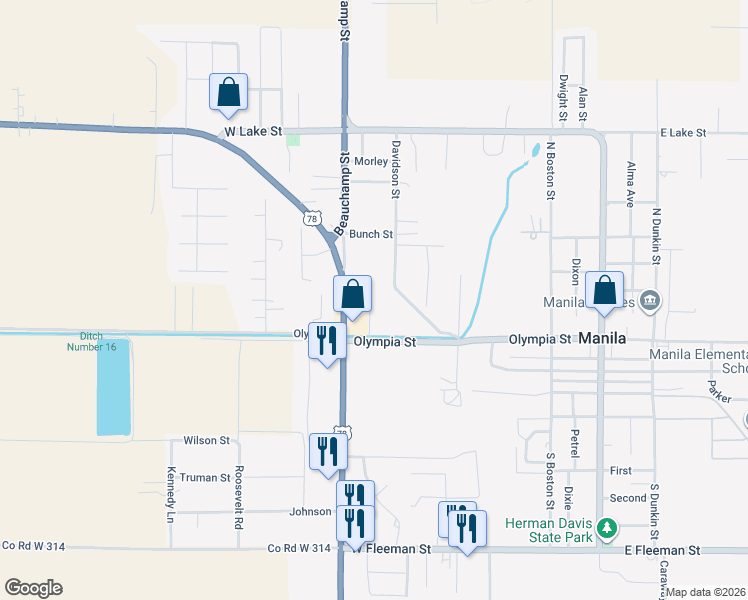 map of restaurants, bars, coffee shops, grocery stores, and more near 318 Roy Benton Drive in Manila