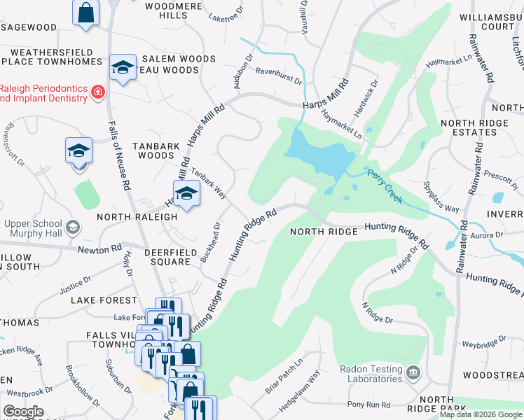 map of restaurants, bars, coffee shops, grocery stores, and more near 1405 Hunting Ridge Road in Raleigh