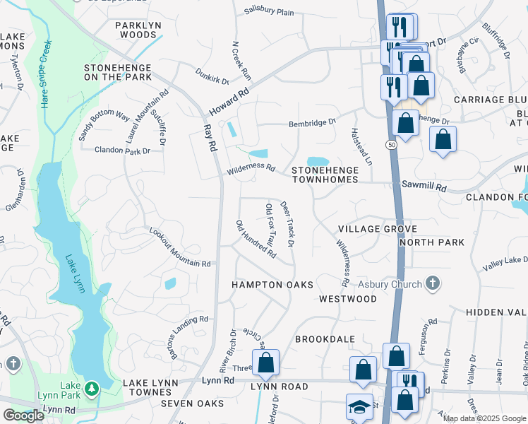 map of restaurants, bars, coffee shops, grocery stores, and more near 7501 Old Fox Trail in Raleigh