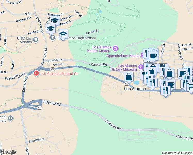 map of restaurants, bars, coffee shops, grocery stores, and more near 30 Timber Ridge Road in Los Alamos