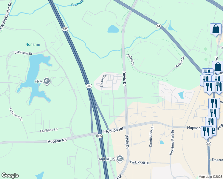 map of restaurants, bars, coffee shops, grocery stores, and more near 361 Avett Drive in Durham
