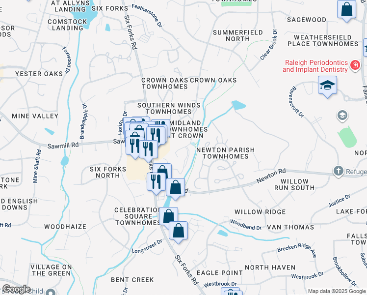 map of restaurants, bars, coffee shops, grocery stores, and more near 7279 Sandy Creek Drive in Raleigh