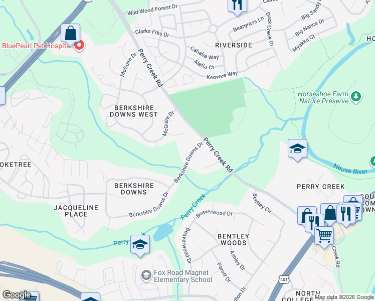 map of restaurants, bars, coffee shops, grocery stores, and more near 7436 Berkshire Downs Drive in Raleigh