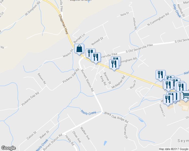 map of restaurants, bars, coffee shops, grocery stores, and more near 206 Huskey Valley Road in Seymour