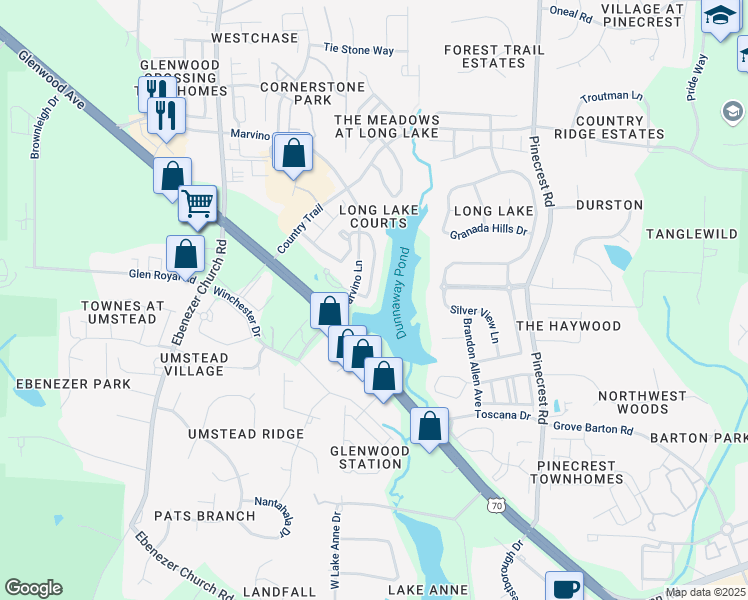 map of restaurants, bars, coffee shops, grocery stores, and more near 8102 Sommerwell Street in Raleigh