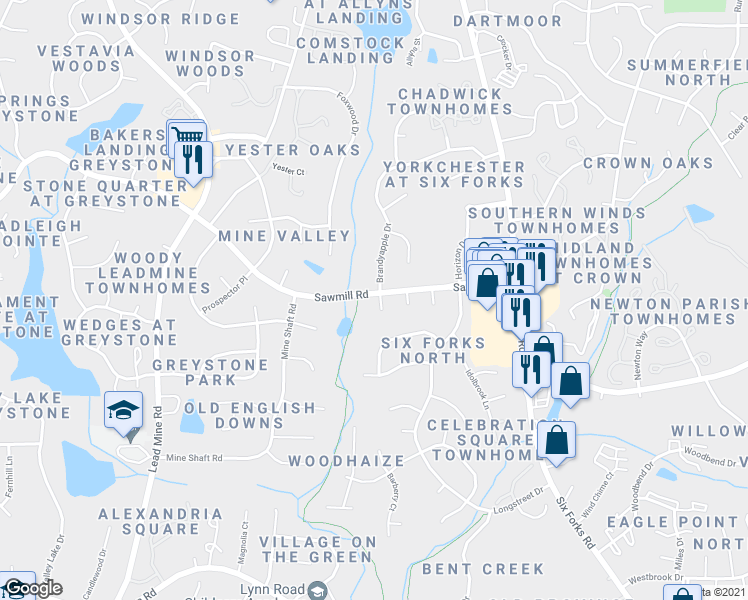 map of restaurants, bars, coffee shops, grocery stores, and more near 401 Sawmill Road in Raleigh