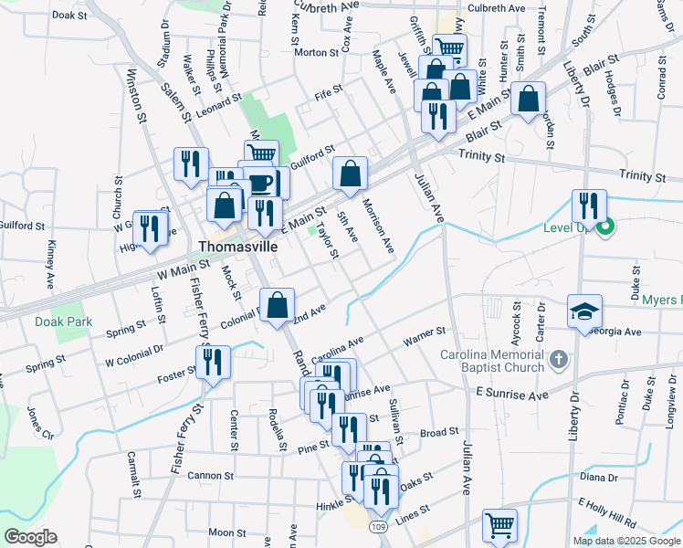 map of restaurants, bars, coffee shops, grocery stores, and more near 104 Taylor Street in Thomasville