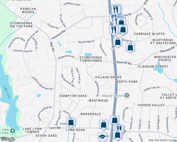 map of restaurants, bars, coffee shops, grocery stores, and more near 7504 Wilderness Rd in Raleigh
