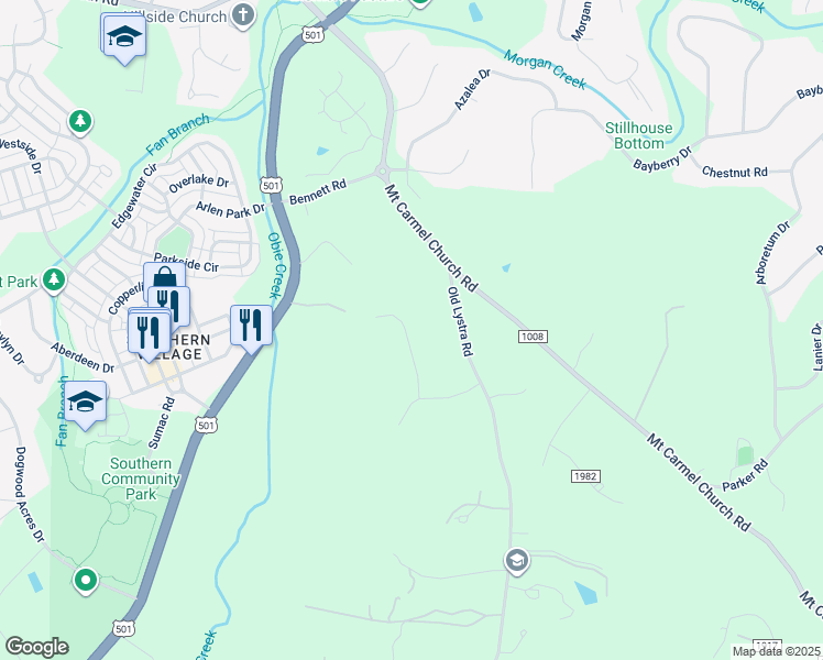map of restaurants, bars, coffee shops, grocery stores, and more near 112 Founders Ridge Drive in Chapel Hill